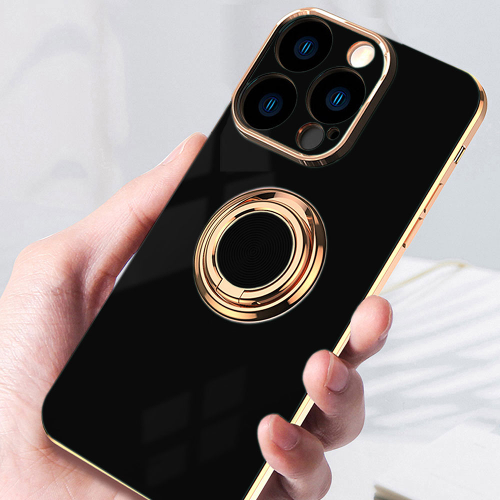 Etui do iPhone 15 Pro Max eleganckie, ze złotym, metalowym uchwytem i zdobieniami, osłona na aparat, czarne