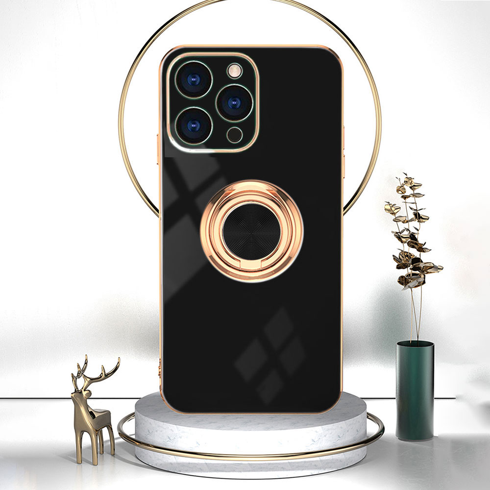 Etui do iPhone 15 Pro Max eleganckie, ze złotym, metalowym uchwytem i zdobieniami, osłona na aparat, czarne