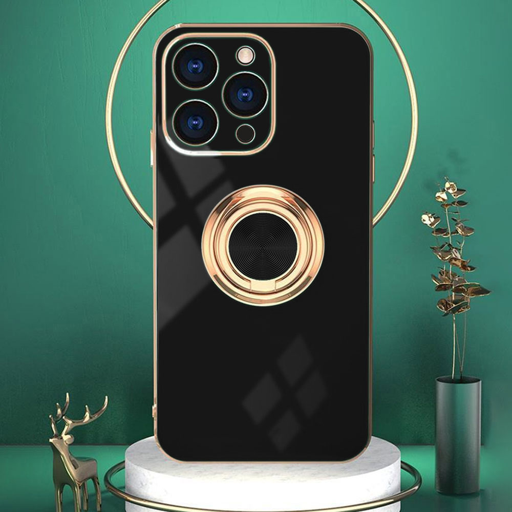 Etui do iPhone 15 Pro Max eleganckie, ze złotym, metalowym uchwytem i zdobieniami, osłona na aparat, czarne