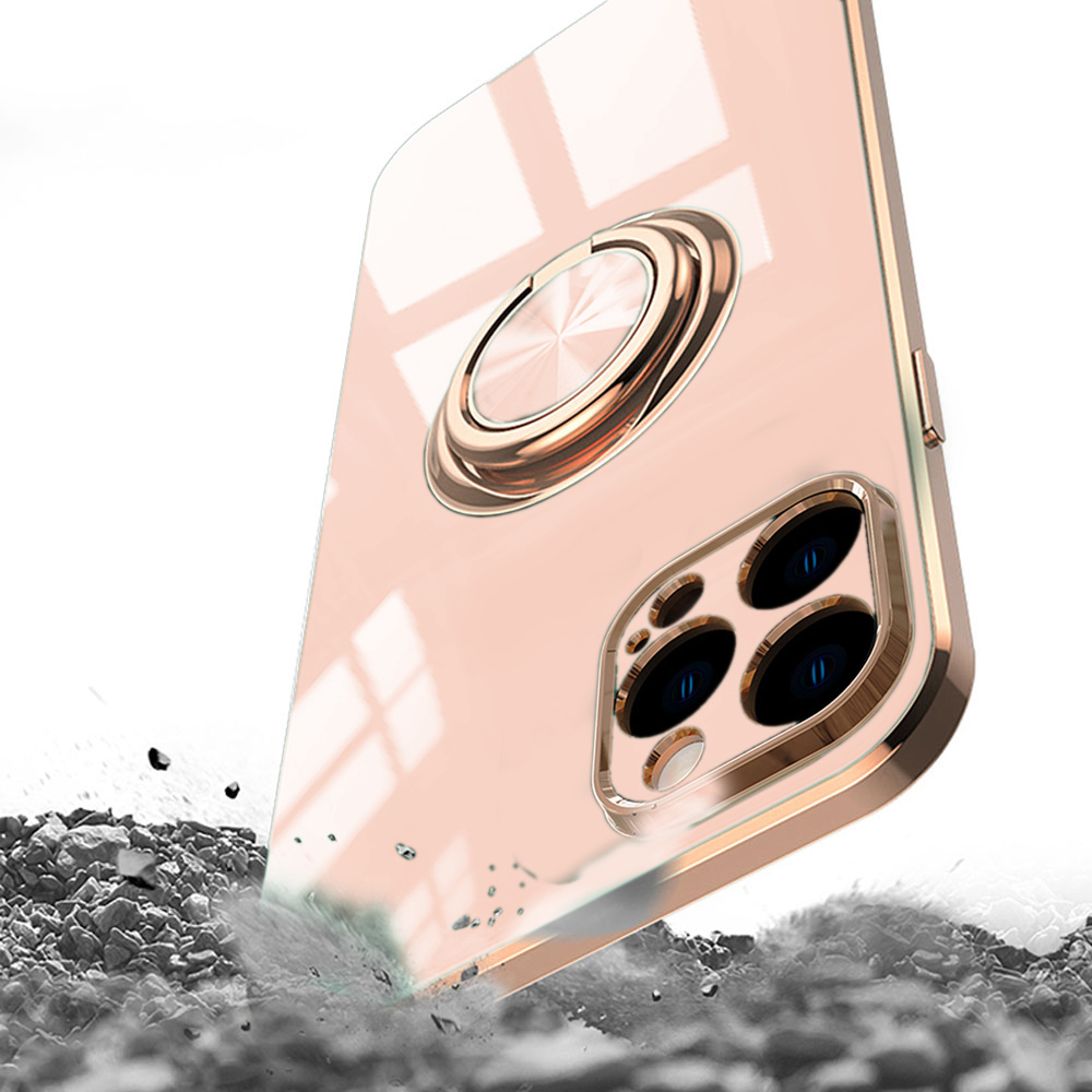 Etui do iPhone 13 Pro eleganckie, ze złotym, metalowym uchwytem i zdobieniami, osłona na aparat, złoty róż