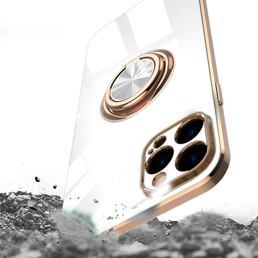 Etui do iPhone 14 Pro eleganckie, ze złotym, metalowym uchwytem i zdobieniami, osłona na aparat, białe