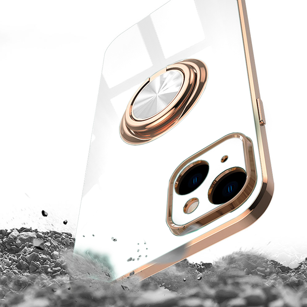 Etui do iPhone 15 eleganckie, ze złotym, metalowym uchwytem i zdobieniami, osłona na aparat, białe