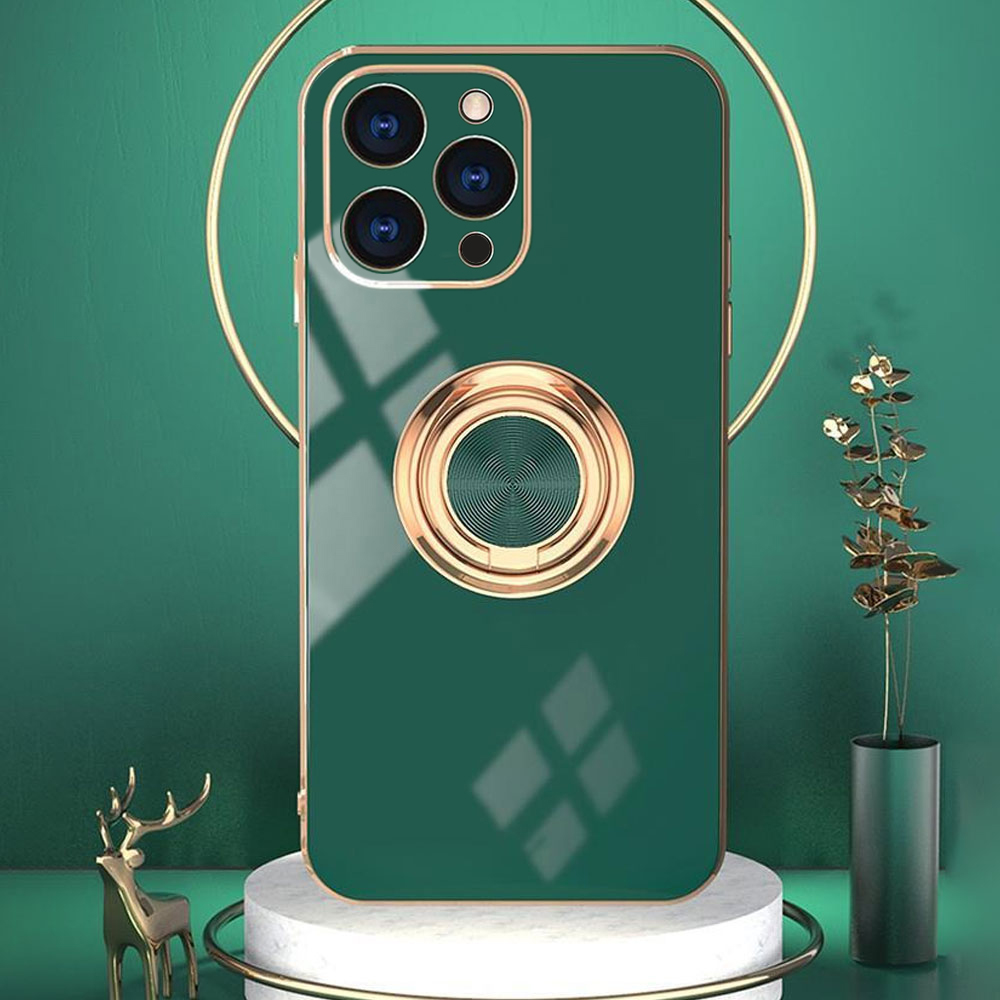 Etui do iPhone 15 Pro Max eleganckie, ze złotym, metalowym uchwytem i zdobieniami, osłona na aparat, zielone