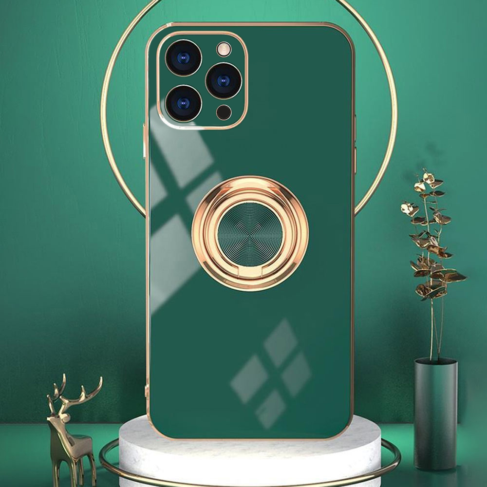 Etui do iPhone 13 Pro Max eleganckie, ze złotym, metalowym uchwytem i zdobieniami, zielone (OUTLET)