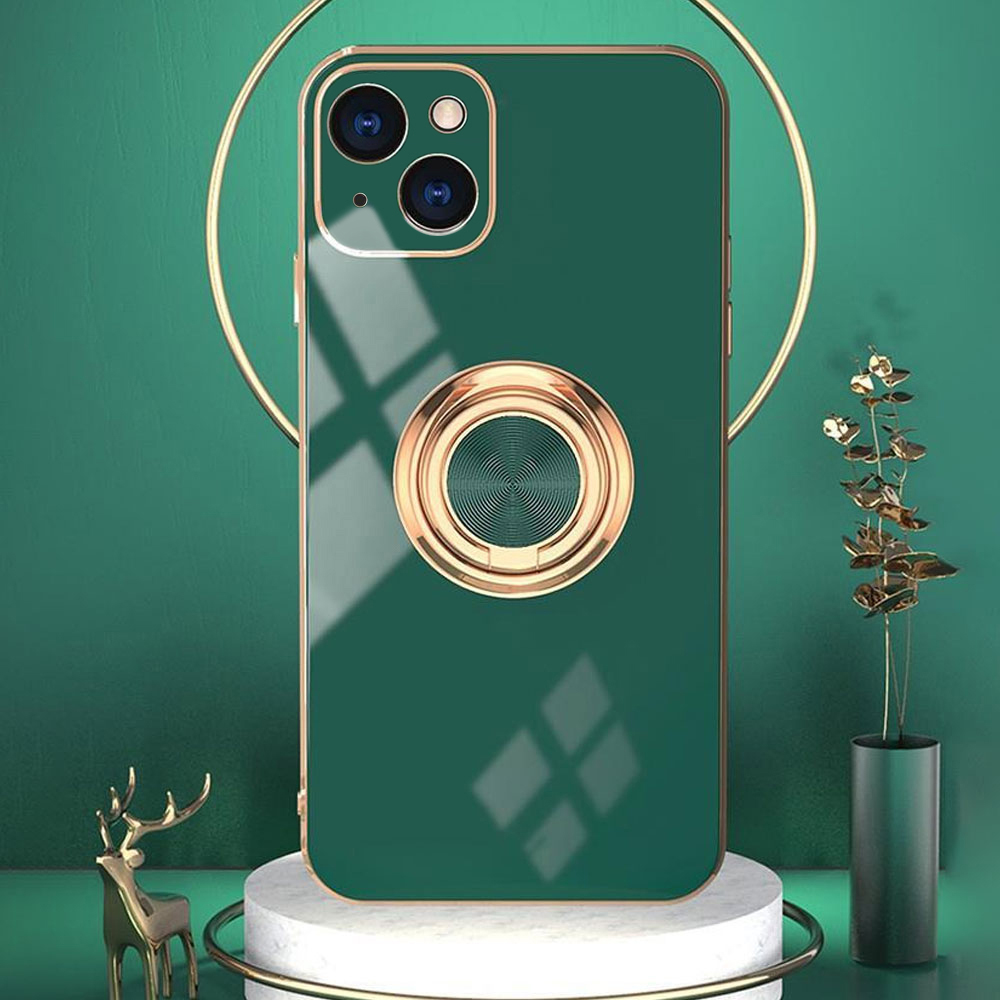 Etui do iPhone 14 eleganckie, ze złotym, metalowym uchwytem i zdobieniami, osłona na aparat, zielone