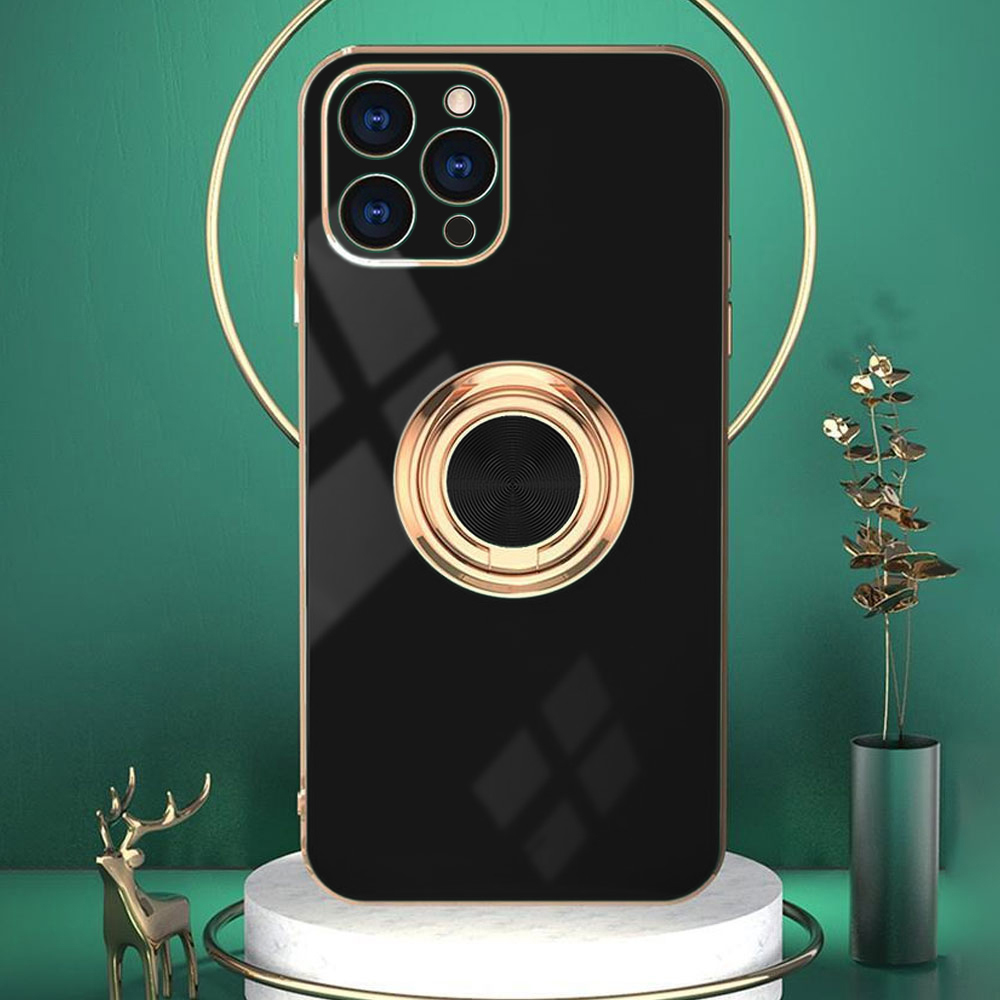 Etui do iPhone 13 Pro Max eleganckie, ze złotym, metalowym uchwytem i zdobieniami, osłona na aparat, czarne (OUTLET)