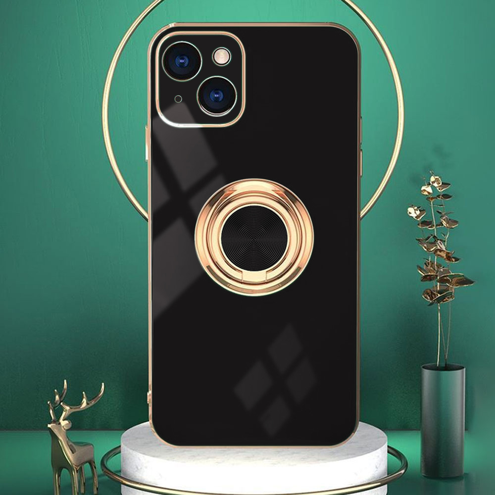 Etui do iPhone 15 Plus eleganckie, ze złotym, metalowym uchwytem i zdobieniami, osłona na aparat, czarne