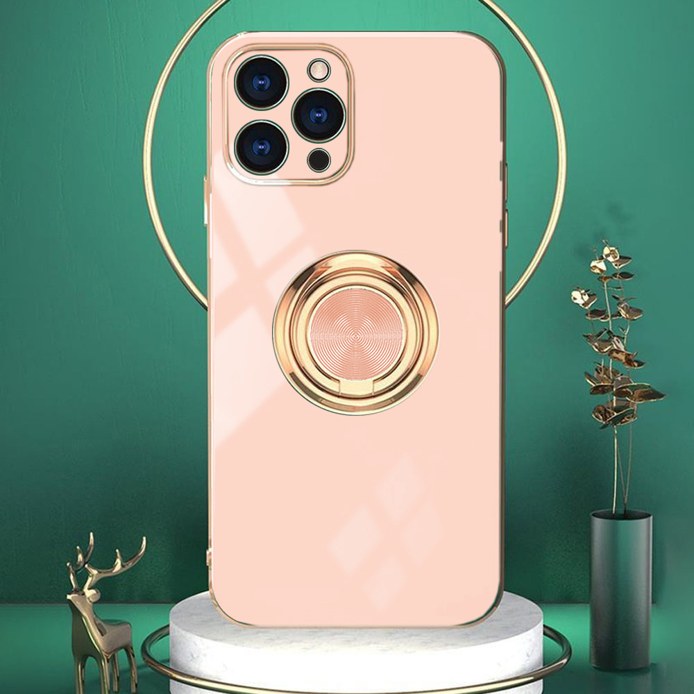 Etui do iPhone 13 Pro eleganckie, ze złotym, metalowym uchwytem i zdobieniami, osłona na aparat, złoty róż