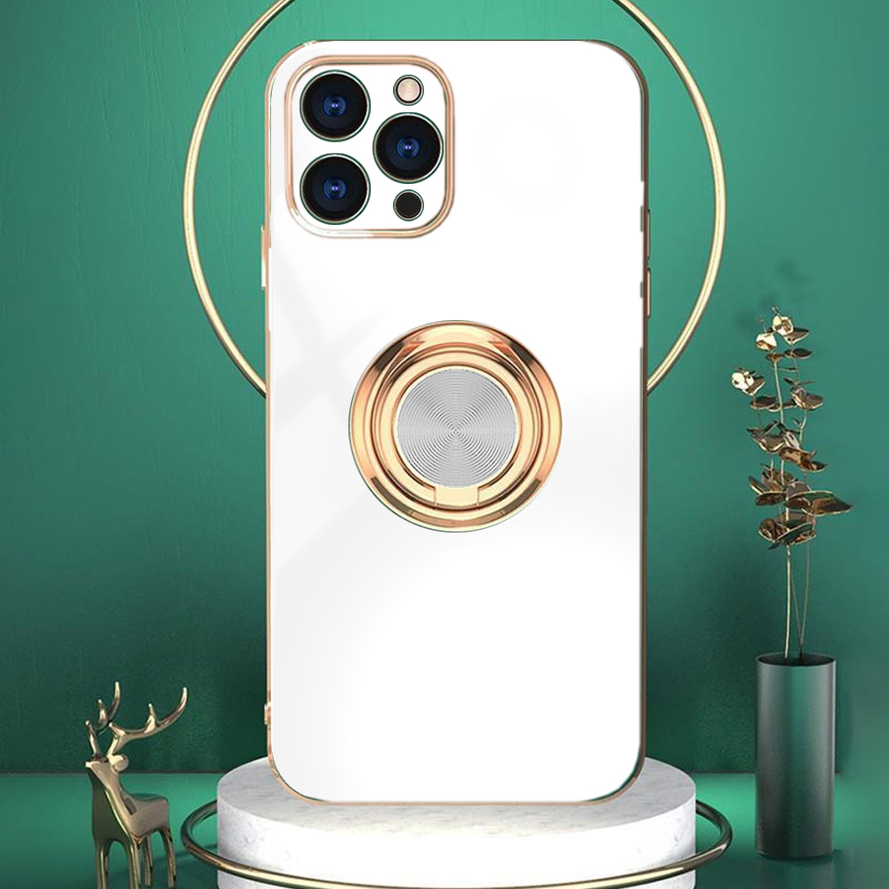 Etui do iPhone 14 Pro eleganckie, ze złotym, metalowym uchwytem i zdobieniami, osłona na aparat, białe