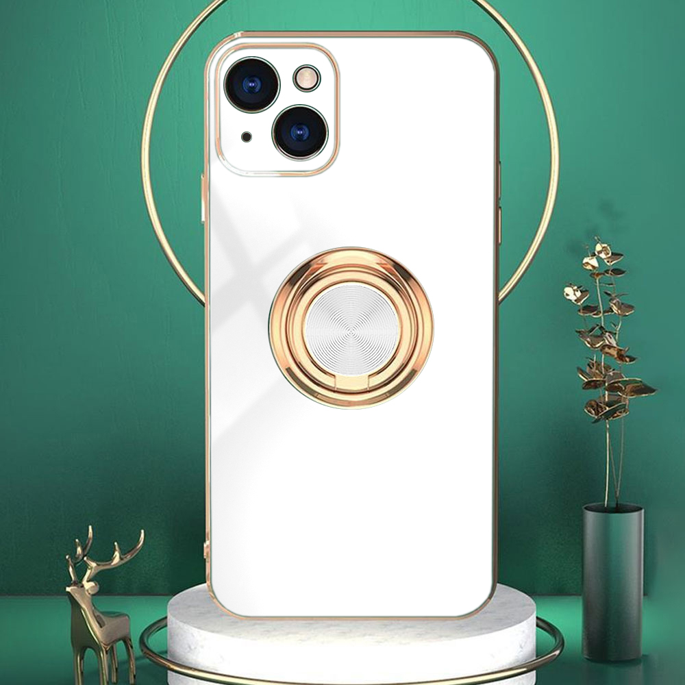 Etui do iPhone 15 eleganckie, ze złotym, metalowym uchwytem i zdobieniami, osłona na aparat, białe