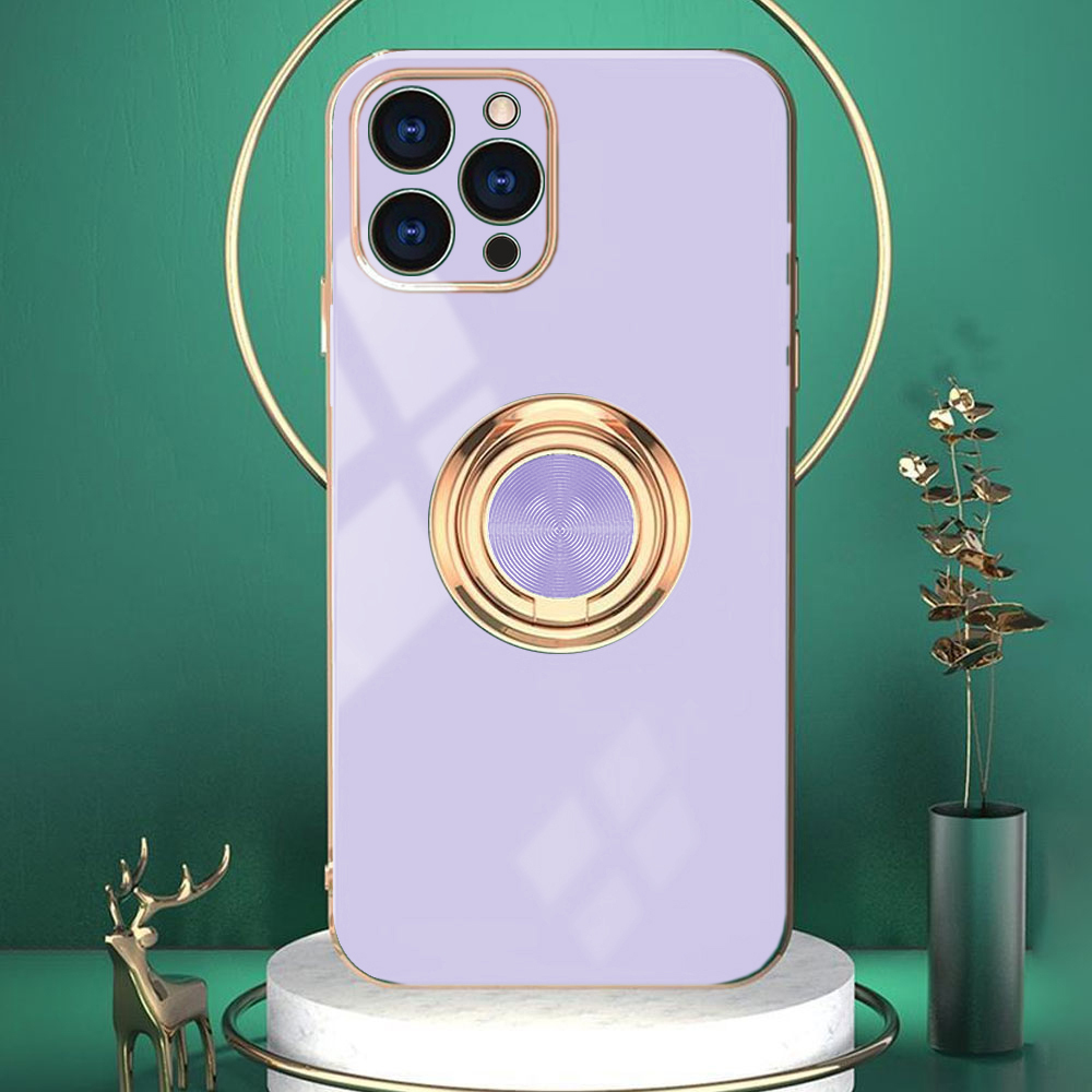 Etui do iPhone 13 Pro eleganckie, ze złotym, metalowym uchwytem i zdobieniami, fioletowe liliowe (OUTLET)