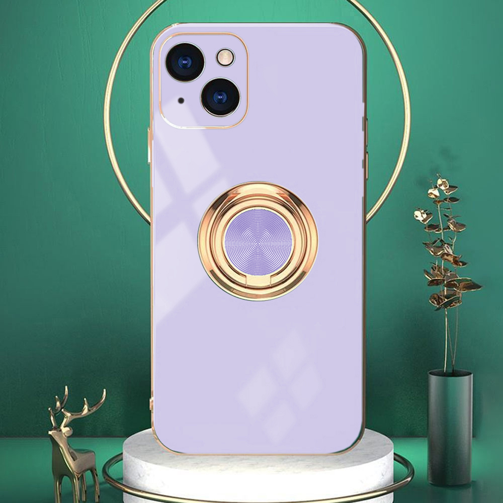 Etui do iPhone 15 eleganckie, ze złotym, metalowym uchwytem i zdobieniami, osłona na aparat, fioletowe liliowe