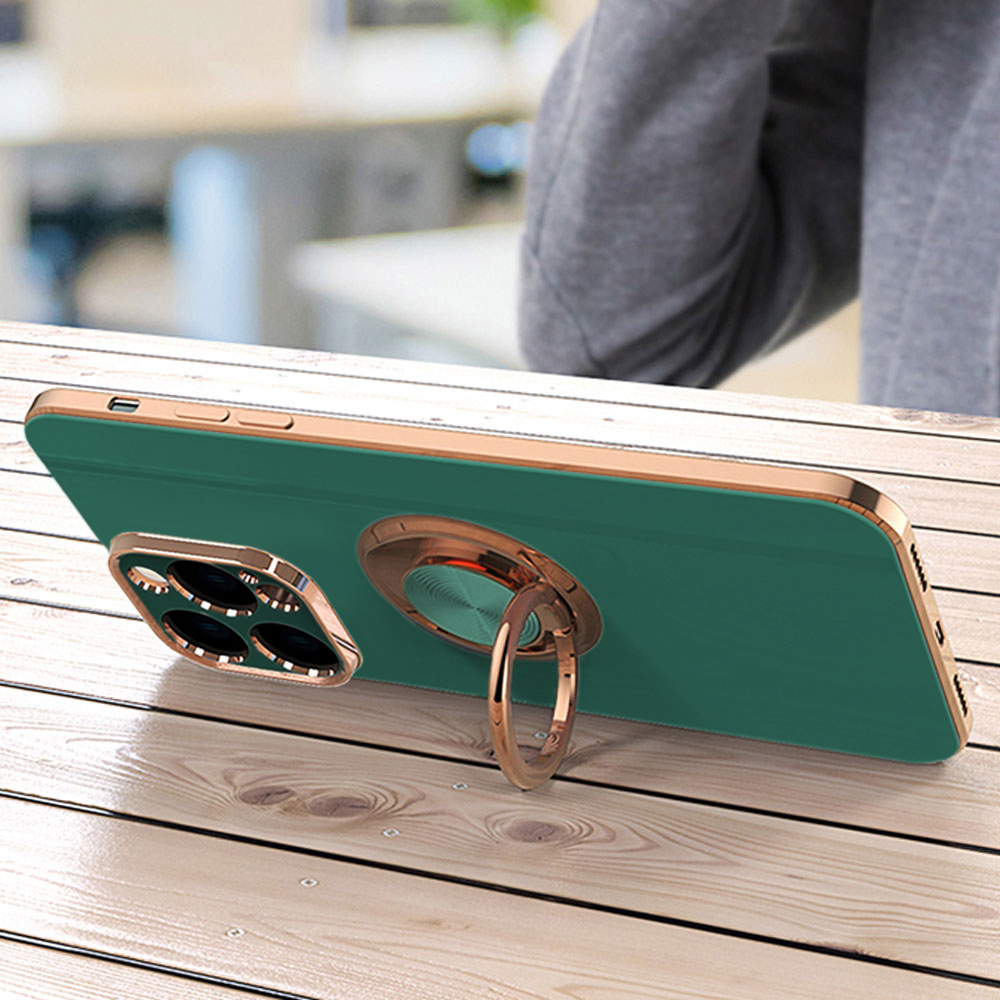 Etui do iPhone 13 Pro Max eleganckie, ze złotym, metalowym uchwytem i zdobieniami, zielone (OUTLET)