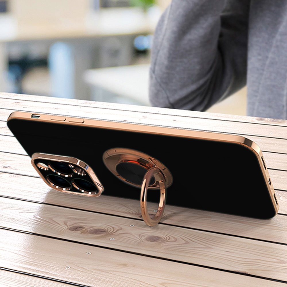 Etui do iPhone 13 Pro Max eleganckie, ze złotym, metalowym uchwytem i zdobieniami, osłona na aparat, czarne (OUTLET)