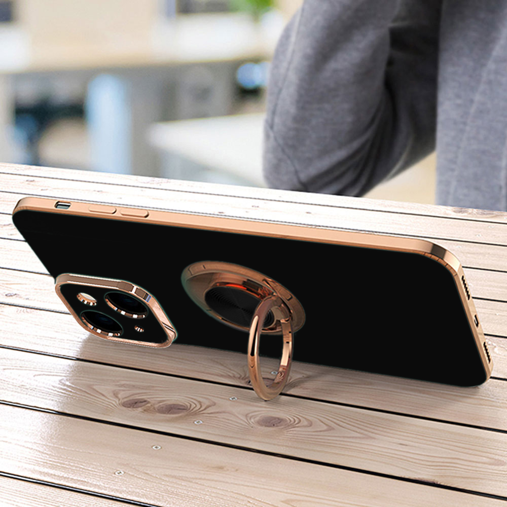 Etui do iPhone 15 Plus eleganckie, ze złotym, metalowym uchwytem i zdobieniami, osłona na aparat, czarne