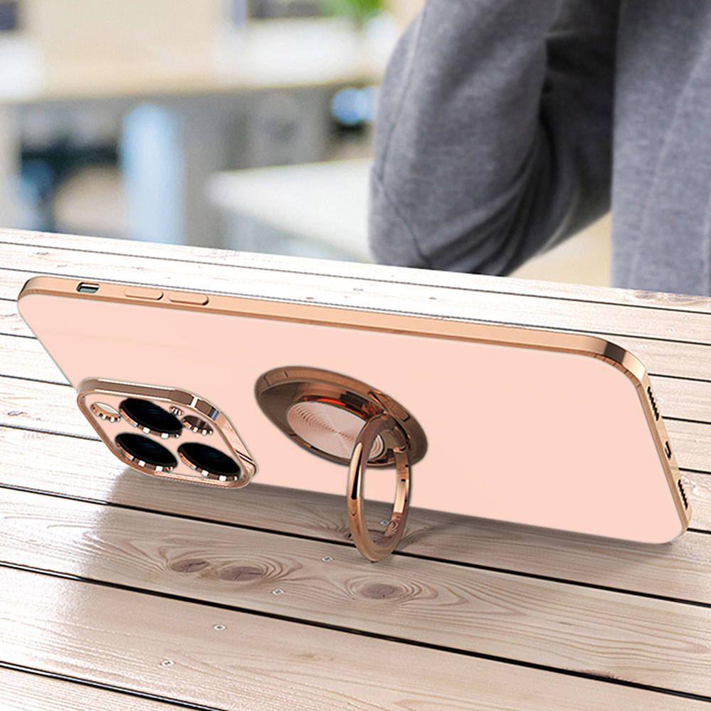 Etui do iPhone 13 Pro eleganckie, ze złotym, metalowym uchwytem i zdobieniami, osłona na aparat, złoty róż