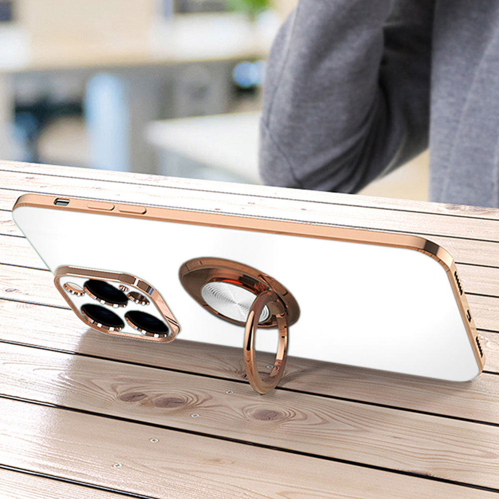 Etui do iPhone 14 Pro eleganckie, ze złotym, metalowym uchwytem i zdobieniami, osłona na aparat, białe