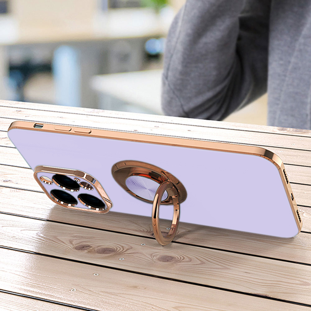 Etui do iPhone 13 Pro eleganckie, ze złotym, metalowym uchwytem i zdobieniami, fioletowe liliowe (OUTLET)