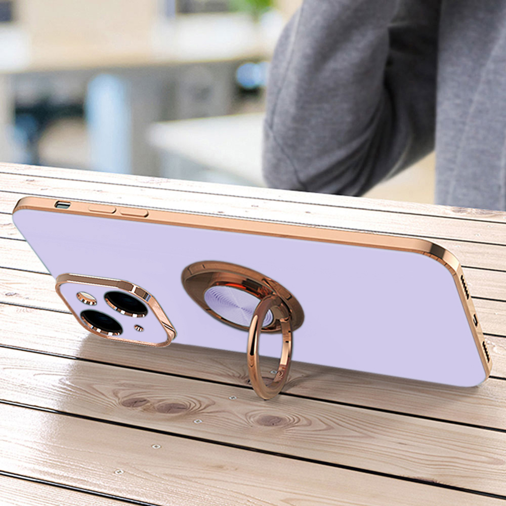 Etui do iPhone 15 eleganckie, ze złotym, metalowym uchwytem i zdobieniami, osłona na aparat, fioletowe liliowe