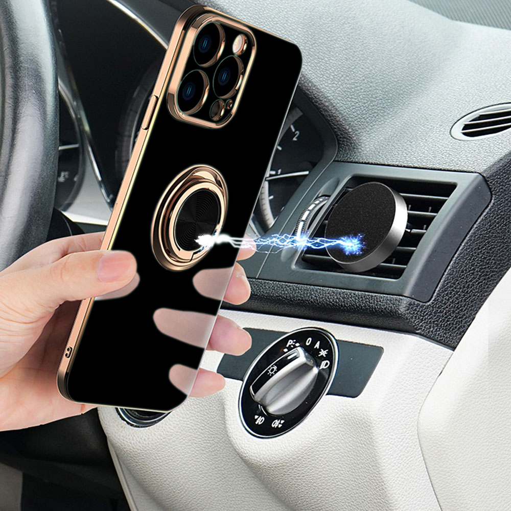 Etui do iPhone 13 Pro Max eleganckie, ze złotym, metalowym uchwytem i zdobieniami, osłona na aparat, czarne (OUTLET)