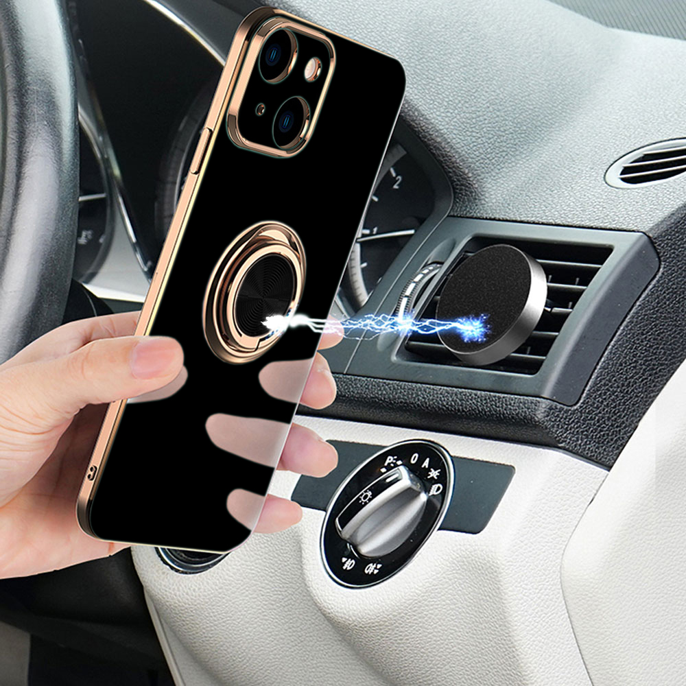 Etui do iPhone 15 Plus eleganckie, ze złotym, metalowym uchwytem i zdobieniami, osłona na aparat, czarne