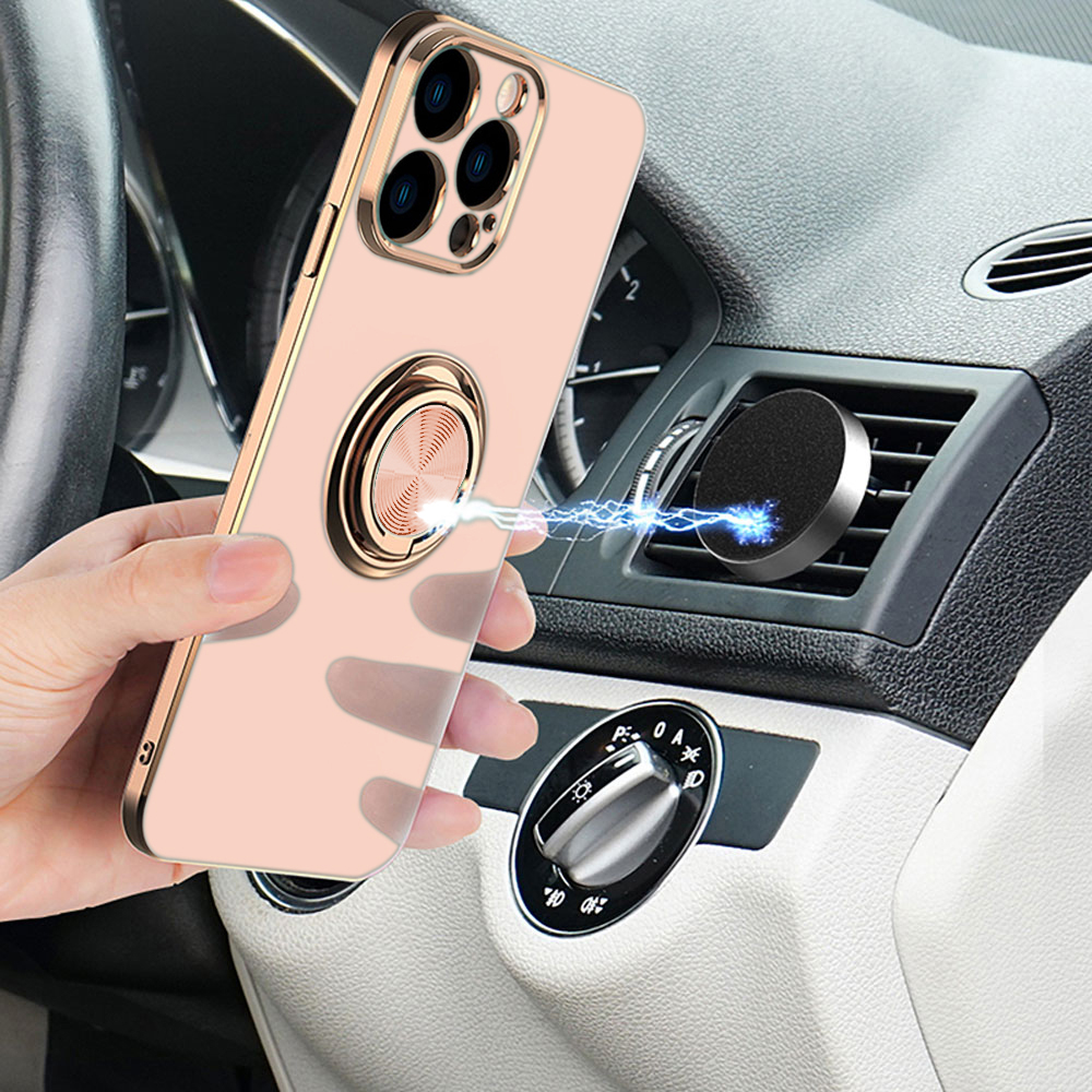 Etui do iPhone 13 Pro eleganckie, ze złotym, metalowym uchwytem i zdobieniami, osłona na aparat, złoty róż