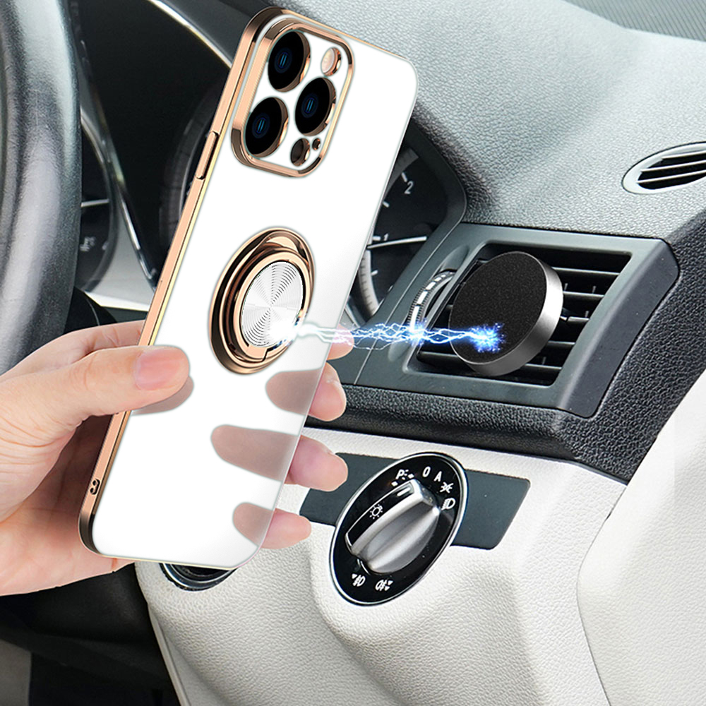 Etui do iPhone 14 Pro eleganckie, ze złotym, metalowym uchwytem i zdobieniami, osłona na aparat, białe