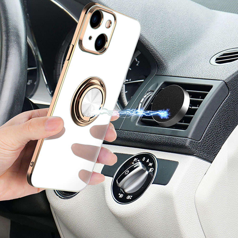 Etui do iPhone 15 eleganckie, ze złotym, metalowym uchwytem i zdobieniami, osłona na aparat, białe