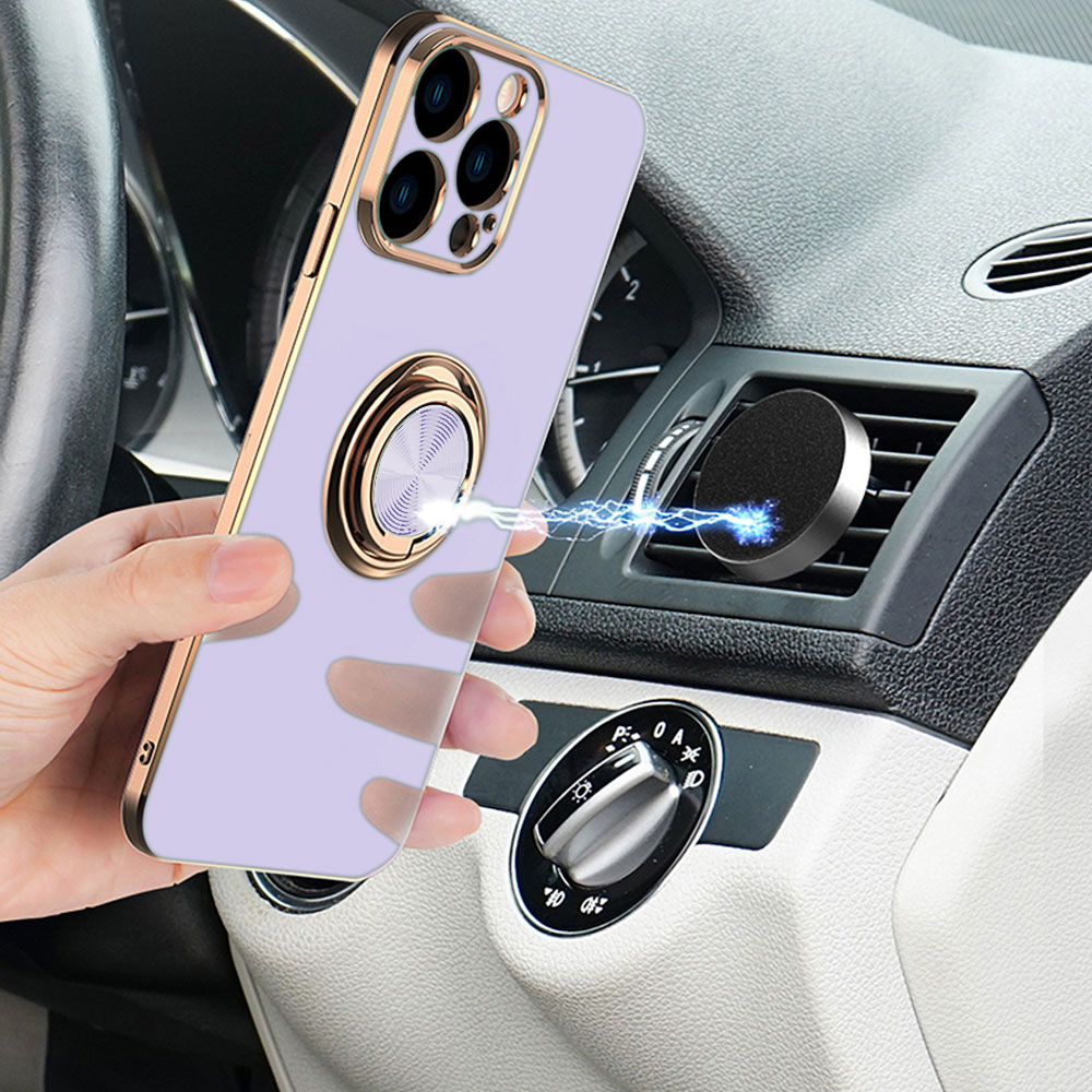 Etui do iPhone 13 Pro eleganckie, ze złotym, metalowym uchwytem i zdobieniami, fioletowe liliowe (OUTLET)