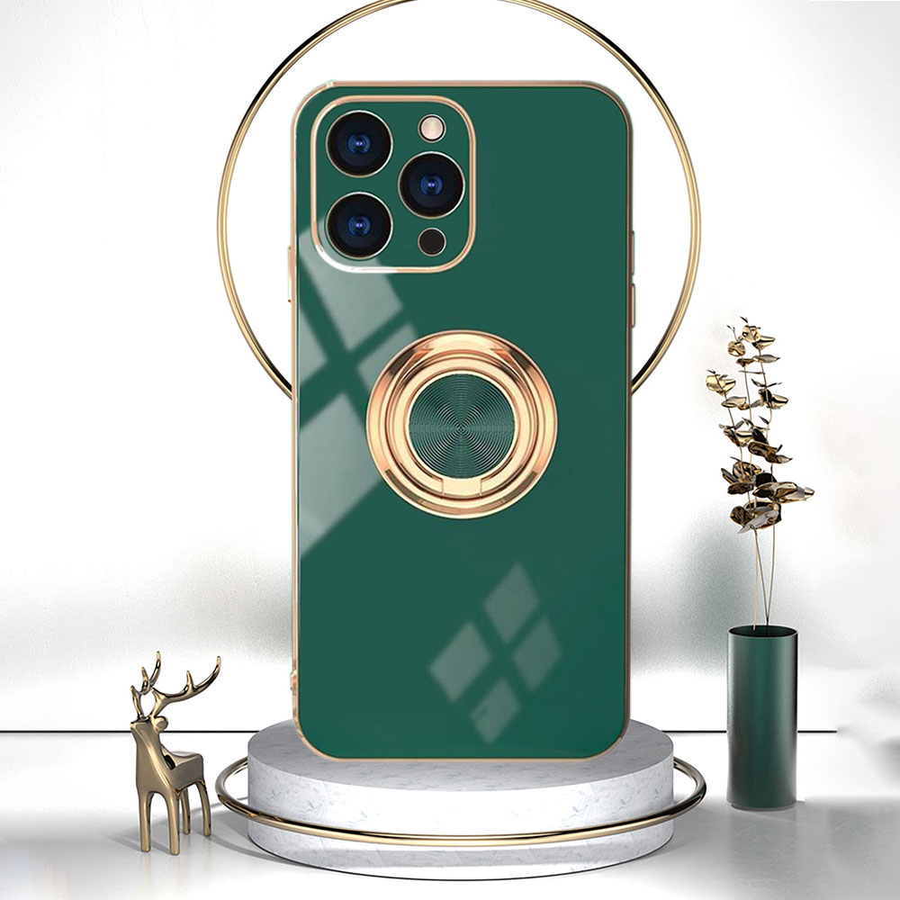 Etui do iPhone 15 Pro Max eleganckie, ze złotym, metalowym uchwytem i zdobieniami, osłona na aparat, zielone