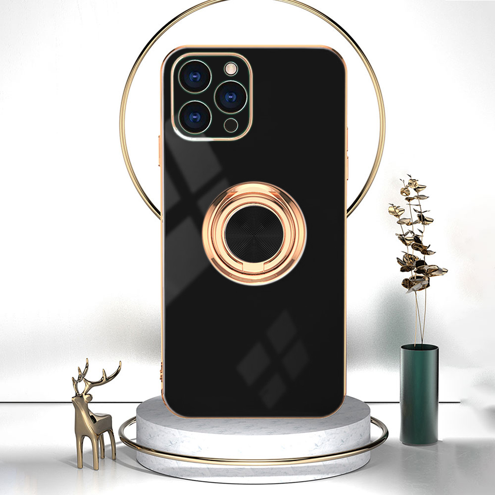 Etui do iPhone 13 Pro Max eleganckie, ze złotym, metalowym uchwytem i zdobieniami, osłona na aparat, czarne (OUTLET)