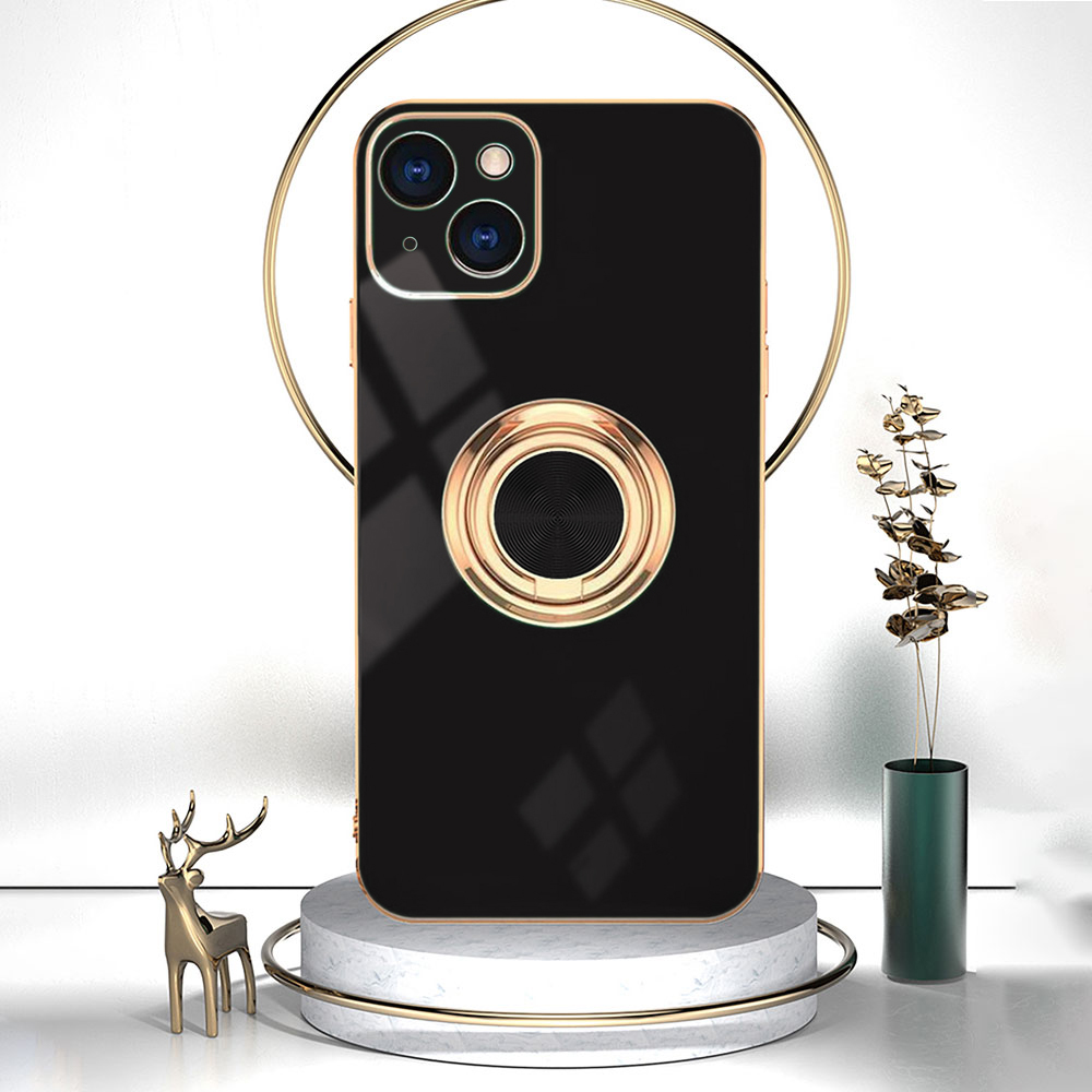 Etui do iPhone 15 Plus eleganckie, ze złotym, metalowym uchwytem i zdobieniami, osłona na aparat, czarne