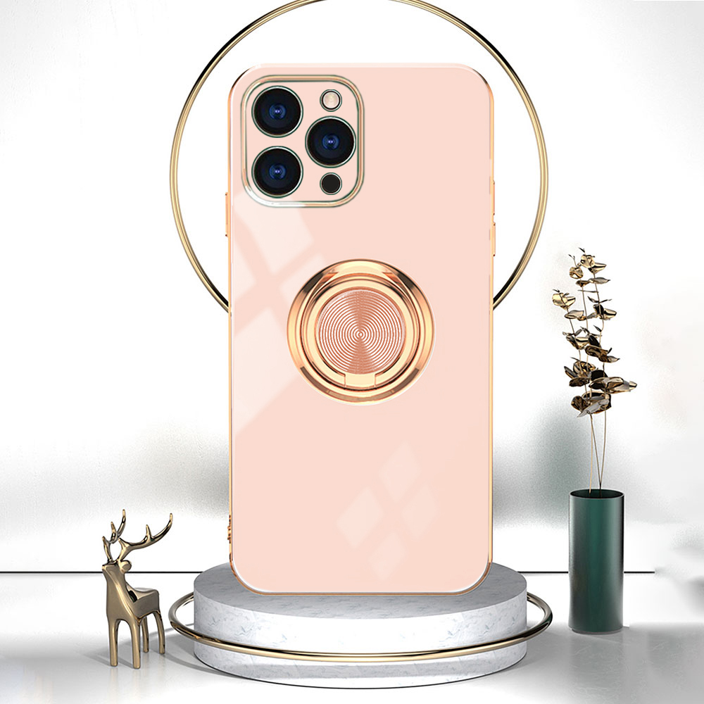 Etui do iPhone 13 Pro eleganckie, ze złotym, metalowym uchwytem i zdobieniami, osłona na aparat, złoty róż