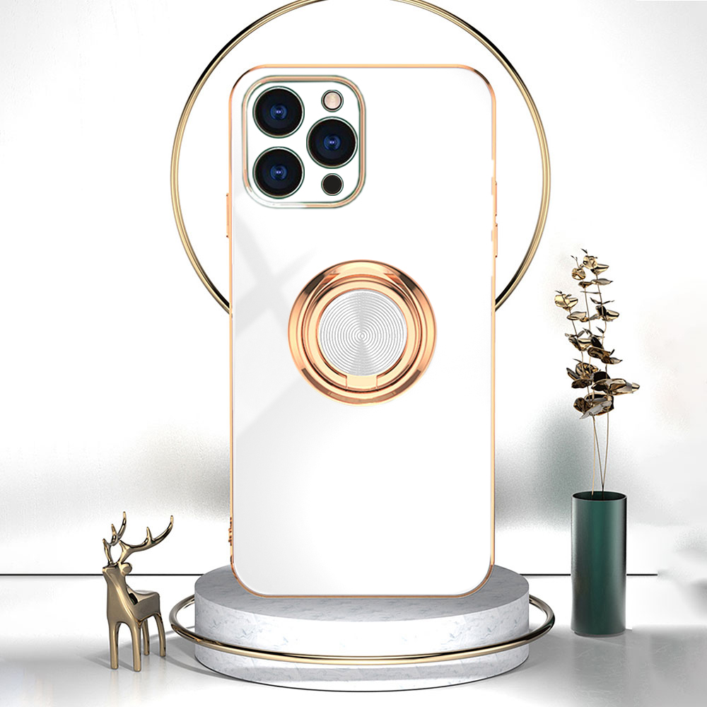 Etui do iPhone 14 Pro eleganckie, ze złotym, metalowym uchwytem i zdobieniami, osłona na aparat, białe