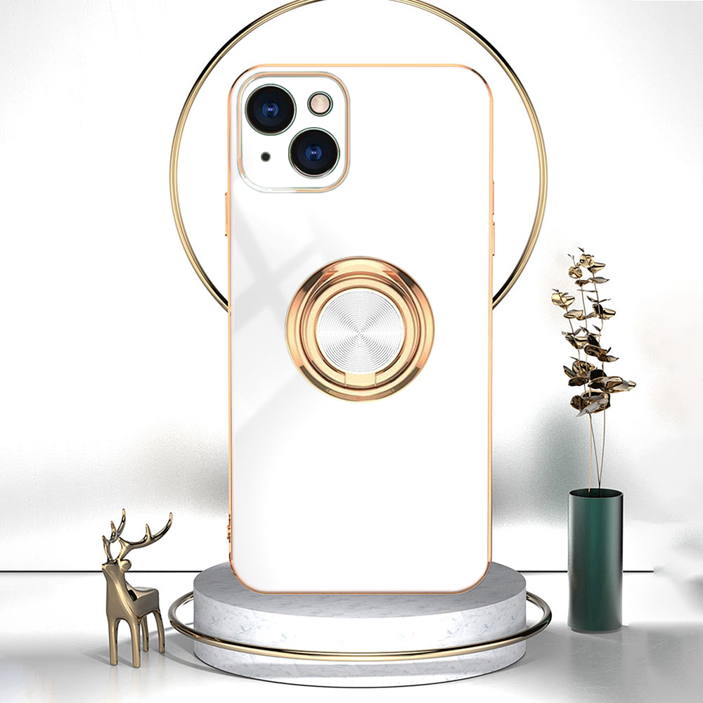 Etui do iPhone 15 eleganckie, ze złotym, metalowym uchwytem i zdobieniami, osłona na aparat, białe