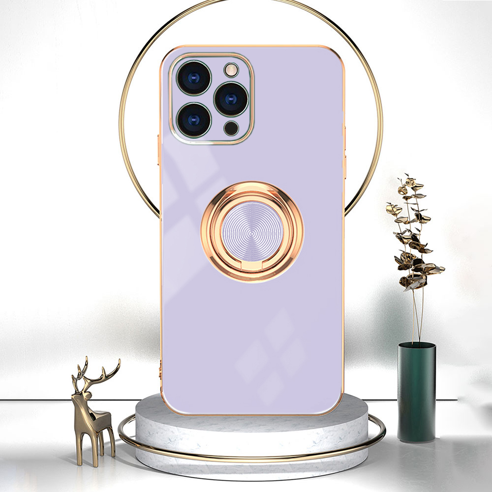 Etui do iPhone 13 Pro eleganckie, ze złotym, metalowym uchwytem i zdobieniami, fioletowe liliowe (OUTLET)