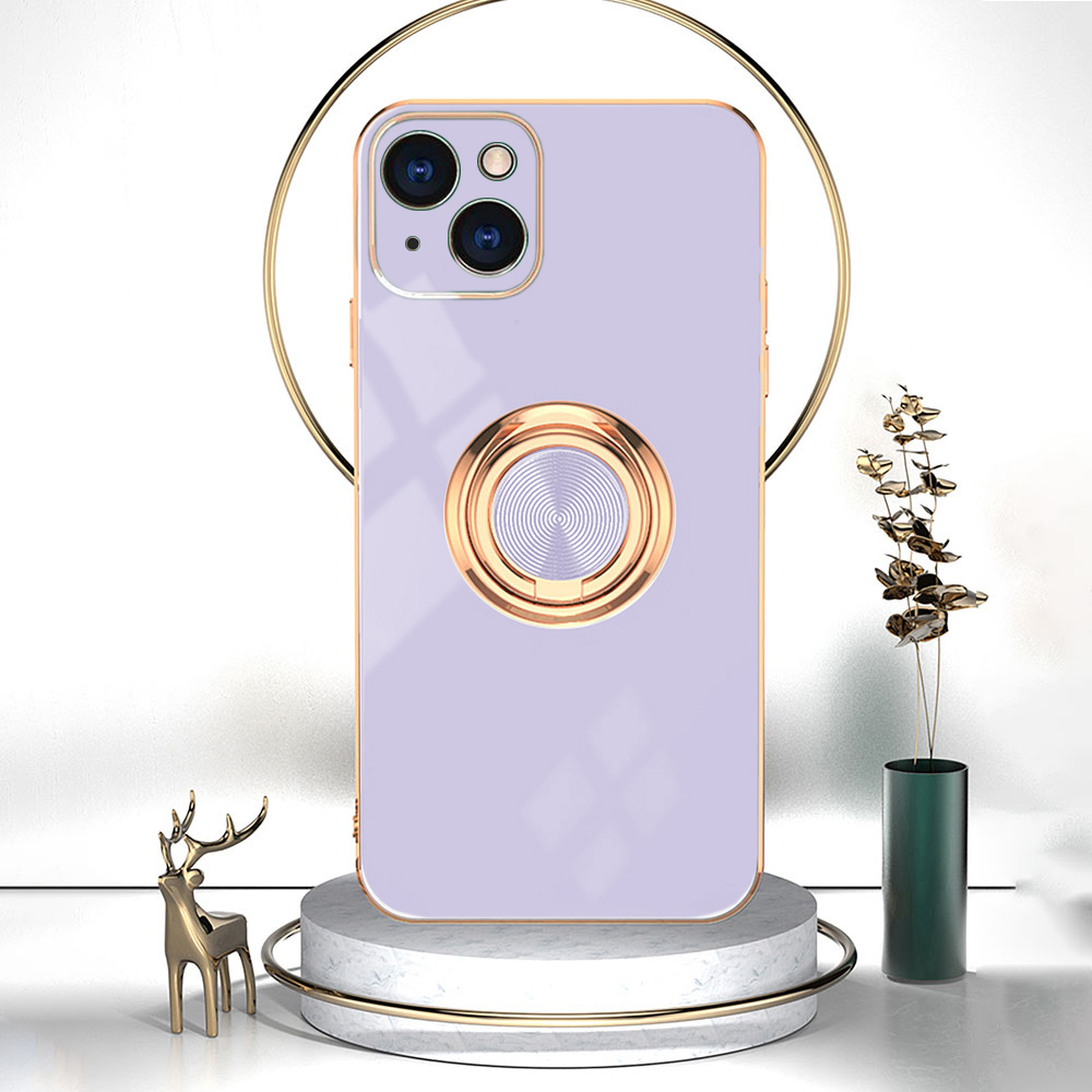 Etui do iPhone 15 eleganckie, ze złotym, metalowym uchwytem i zdobieniami, osłona na aparat, fioletowe liliowe