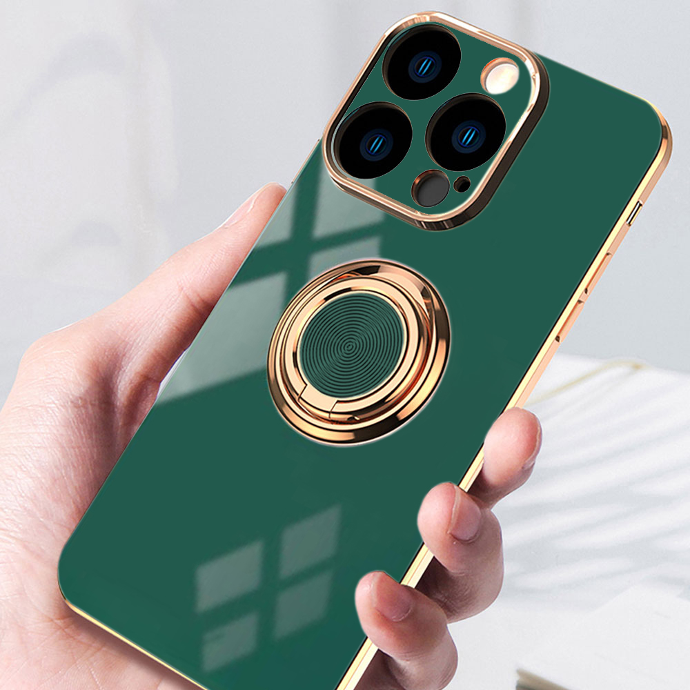 Etui do iPhone 15 Pro Max eleganckie, ze złotym, metalowym uchwytem i zdobieniami, osłona na aparat, zielone