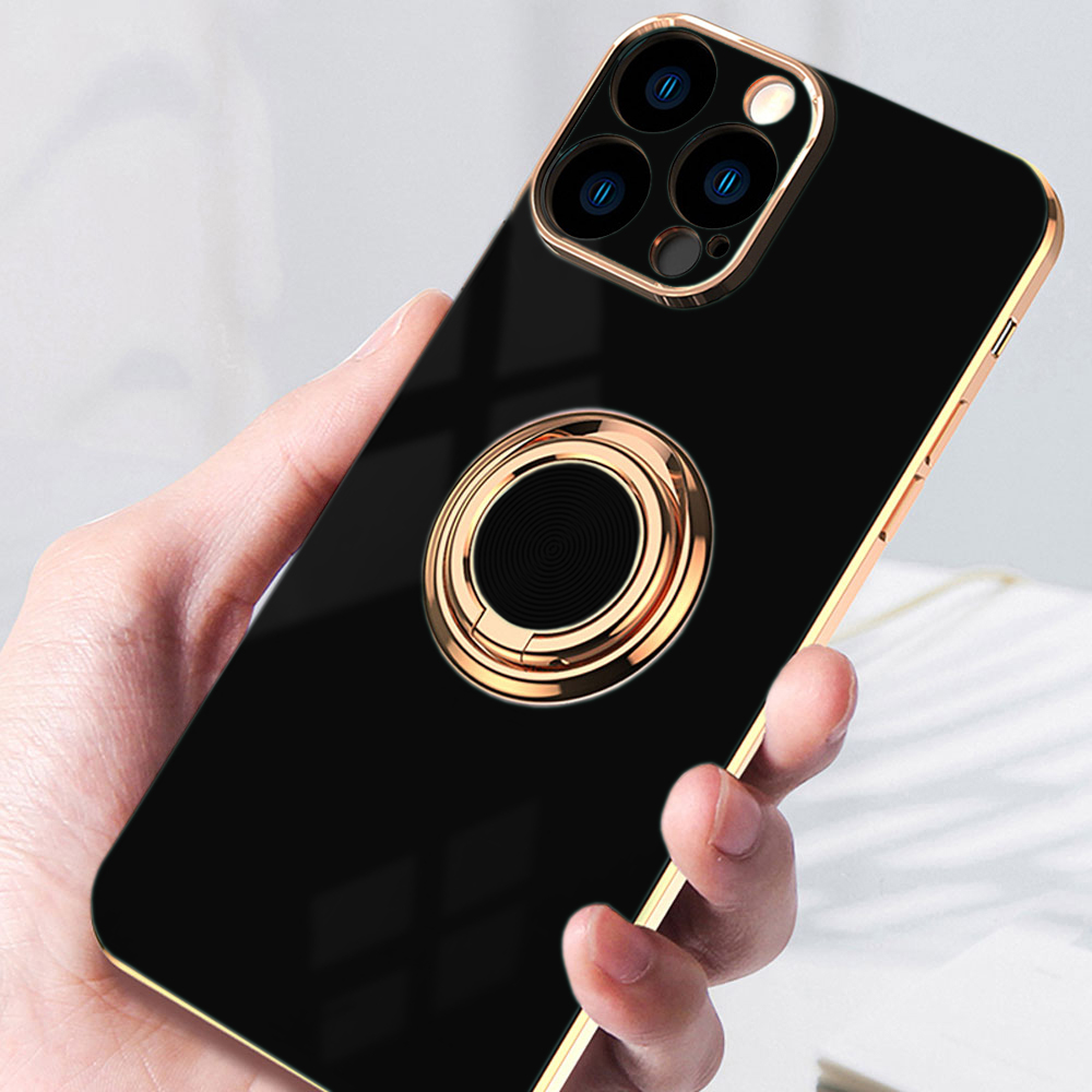 Etui do iPhone 13 Pro Max eleganckie, ze złotym, metalowym uchwytem i zdobieniami, osłona na aparat, czarne (OUTLET)