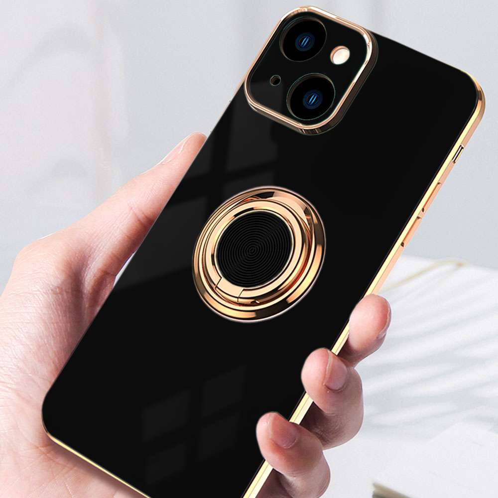 Etui do iPhone 15 Plus eleganckie, ze złotym, metalowym uchwytem i zdobieniami, osłona na aparat, czarne