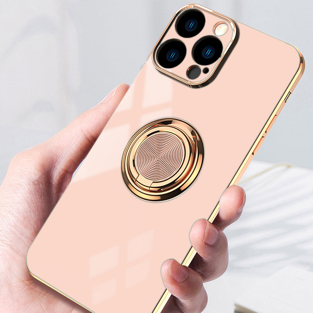 Etui do iPhone 13 Pro eleganckie, ze złotym, metalowym uchwytem i zdobieniami, osłona na aparat, złoty róż