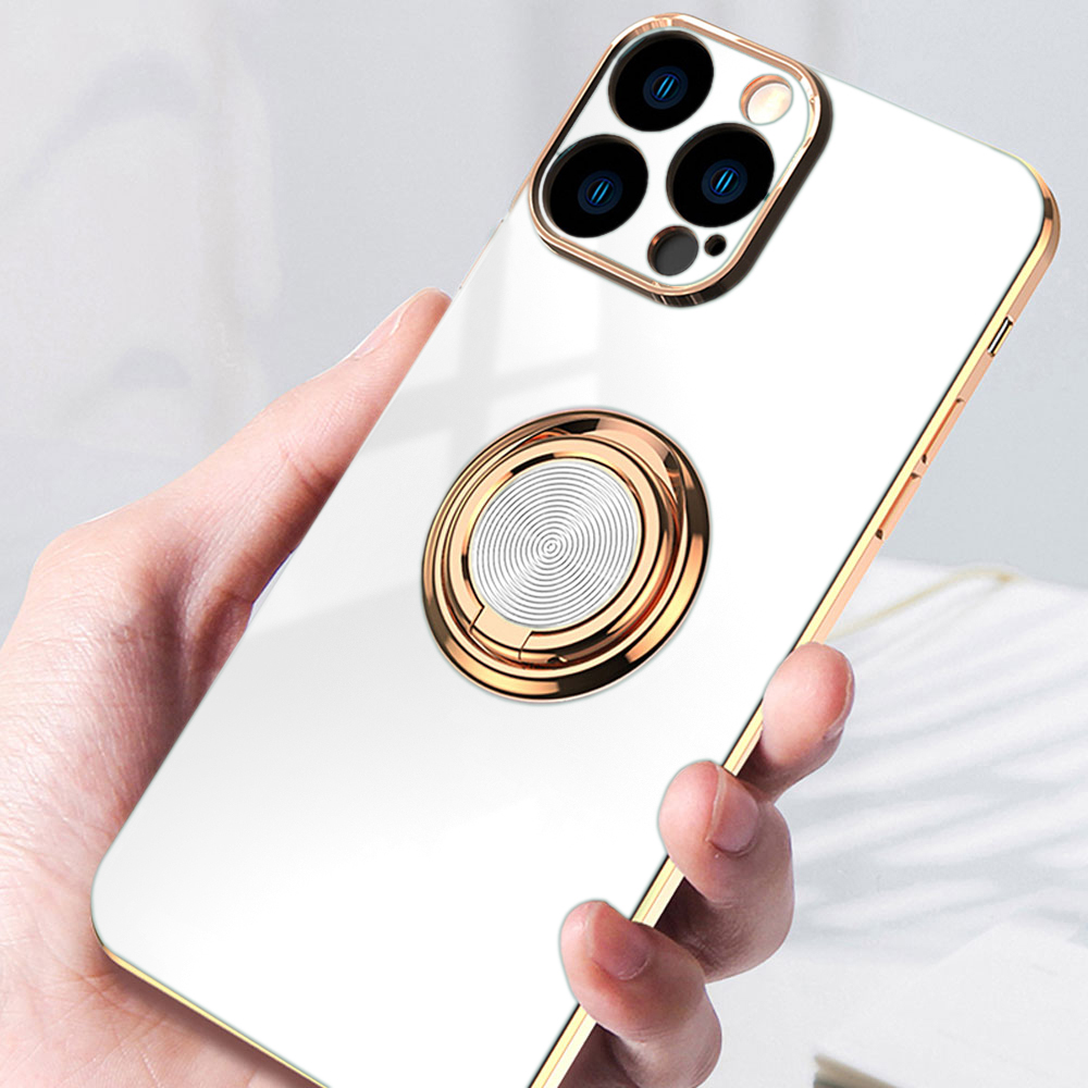 Etui do iPhone 14 Pro eleganckie, ze złotym, metalowym uchwytem i zdobieniami, osłona na aparat, białe