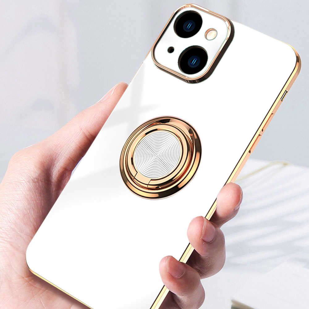 Etui do iPhone 15 eleganckie, ze złotym, metalowym uchwytem i zdobieniami, osłona na aparat, białe