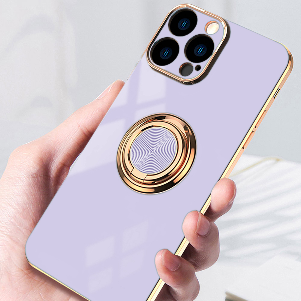 Etui do iPhone 13 Pro eleganckie, ze złotym, metalowym uchwytem i zdobieniami, fioletowe liliowe (OUTLET)