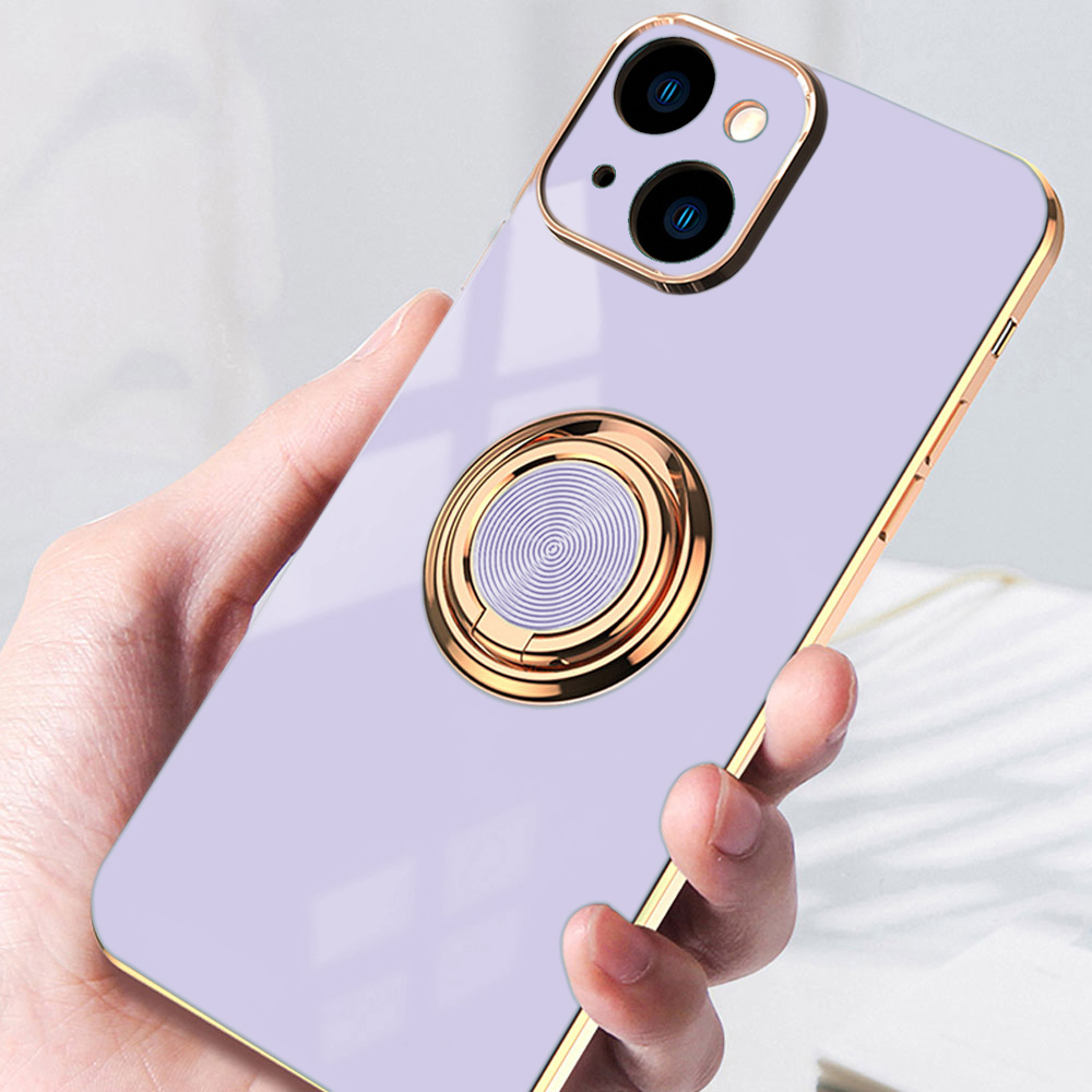 Etui do iPhone 15 eleganckie, ze złotym, metalowym uchwytem i zdobieniami, osłona na aparat, fioletowe liliowe