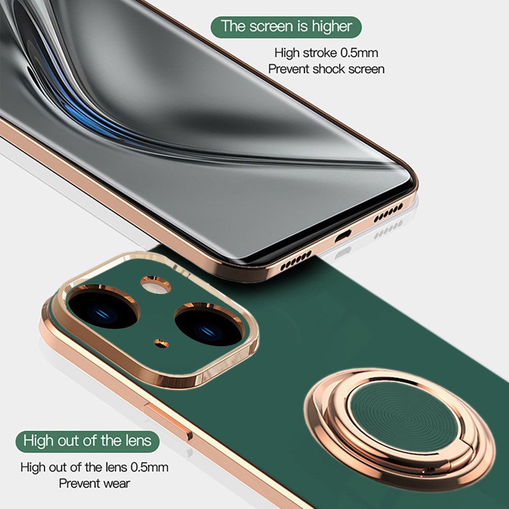 Etui do iPhone 14 eleganckie, ze złotym, metalowym uchwytem i zdobieniami, osłona na aparat, zielone