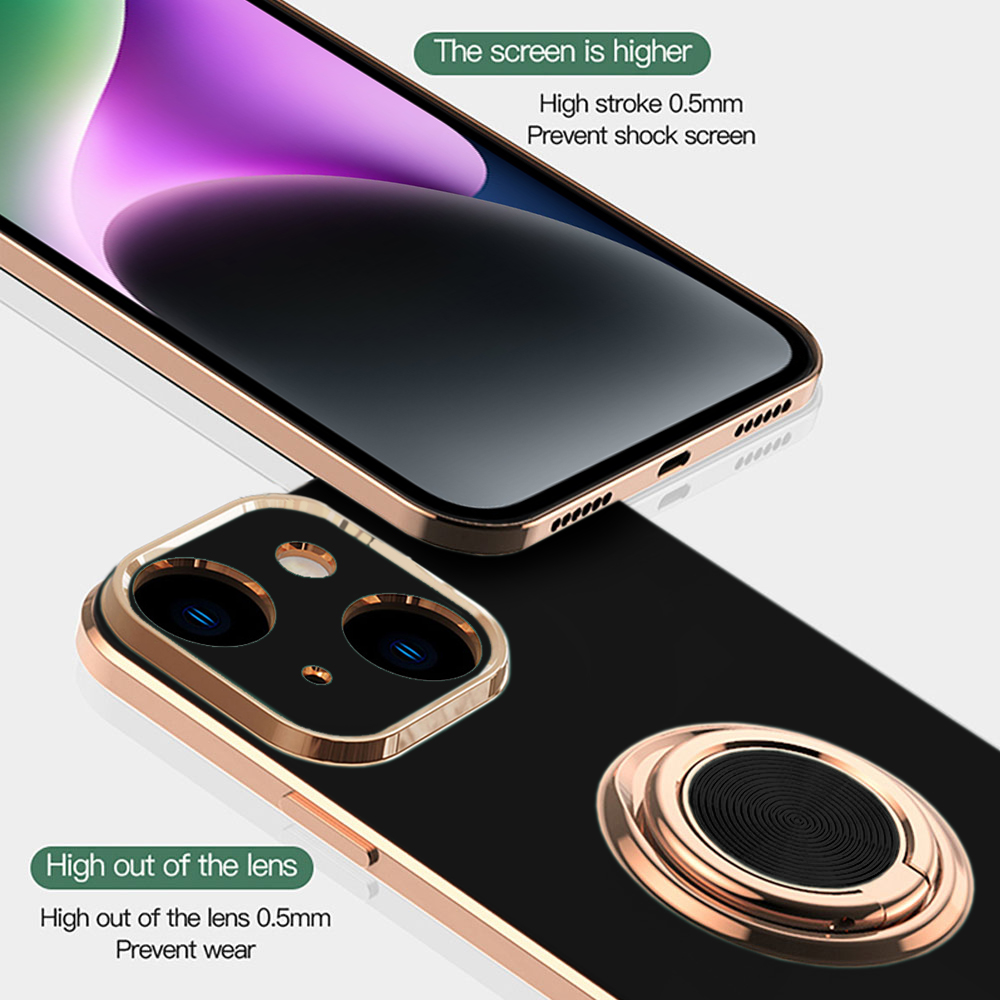 Etui do iPhone 14 eleganckie, ze złotym, metalowym uchwytem i zdobieniami, osłona na aparat, czarne