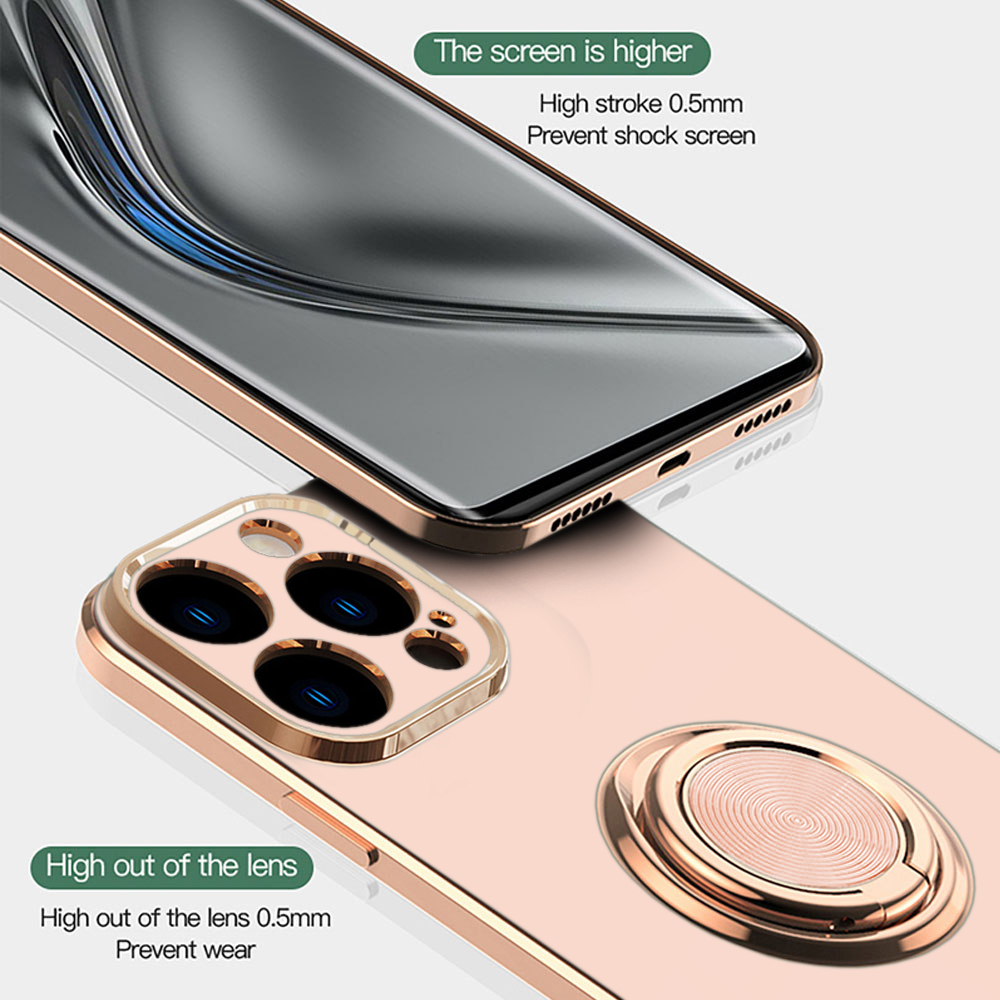 Etui do iPhone 13 Pro eleganckie, ze złotym, metalowym uchwytem i zdobieniami, osłona na aparat, złoty róż