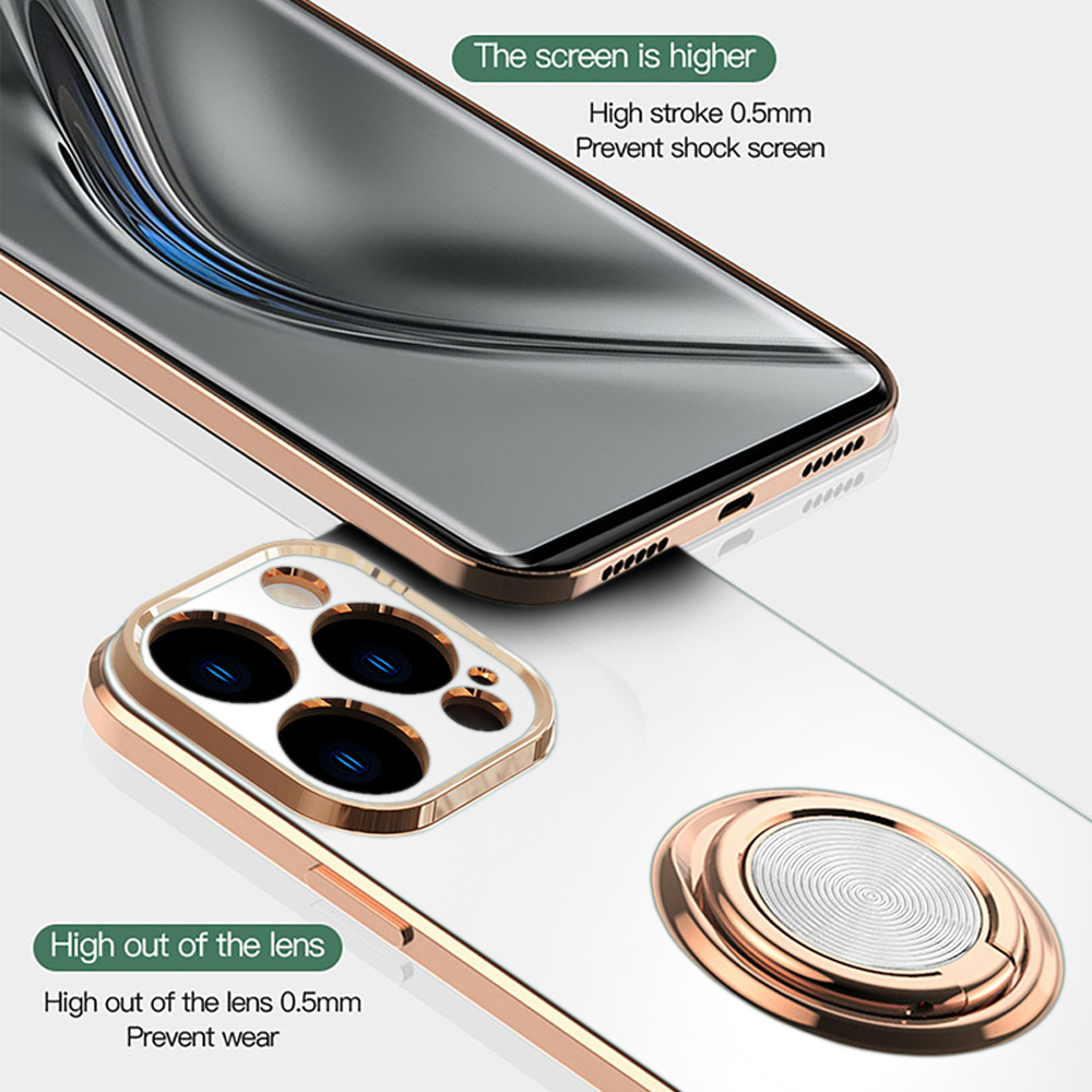 Etui do iPhone 14 Pro eleganckie, ze złotym, metalowym uchwytem i zdobieniami, osłona na aparat, białe