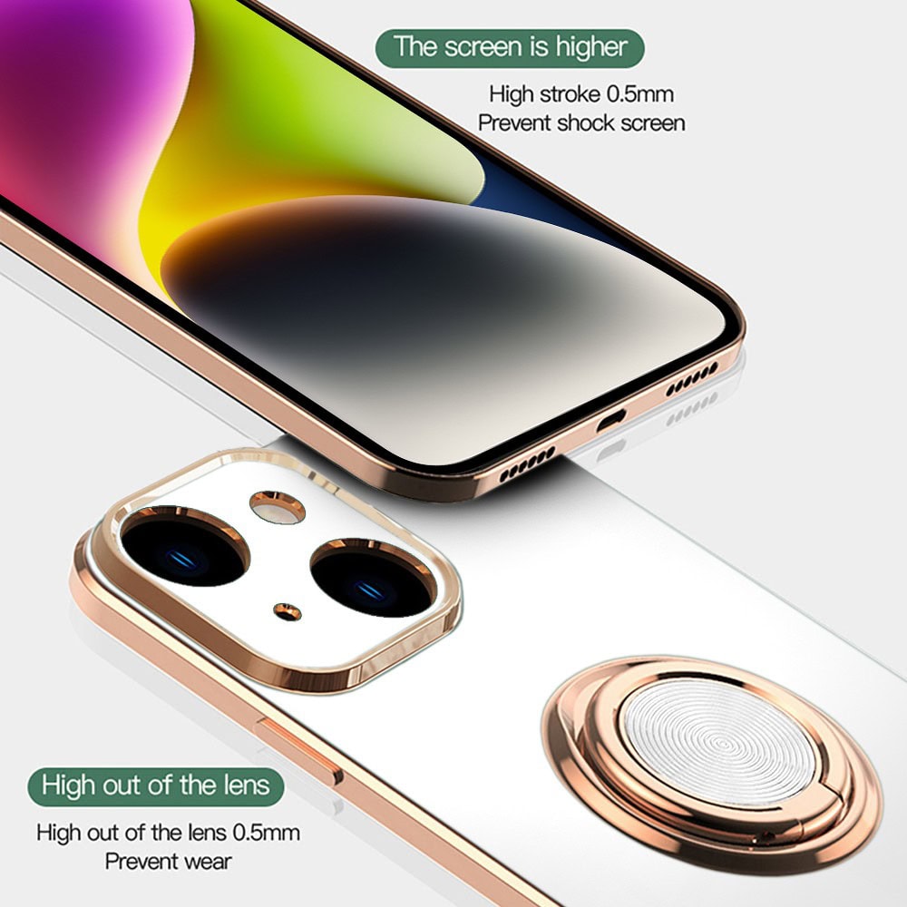 Etui do iPhone 14 eleganckie, ze złotym, metalowym uchwytem i zdobieniami, osłona na aparat, białe